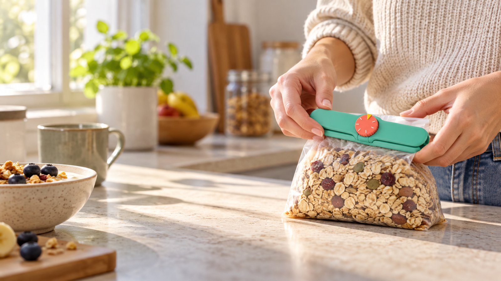 VERSKLIK wordt op een zak muesli geklikt in een lichte keuken.